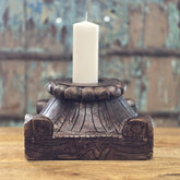 Antique Handcarved Wooden Old Pillar Candle Stand Holder Brown 08